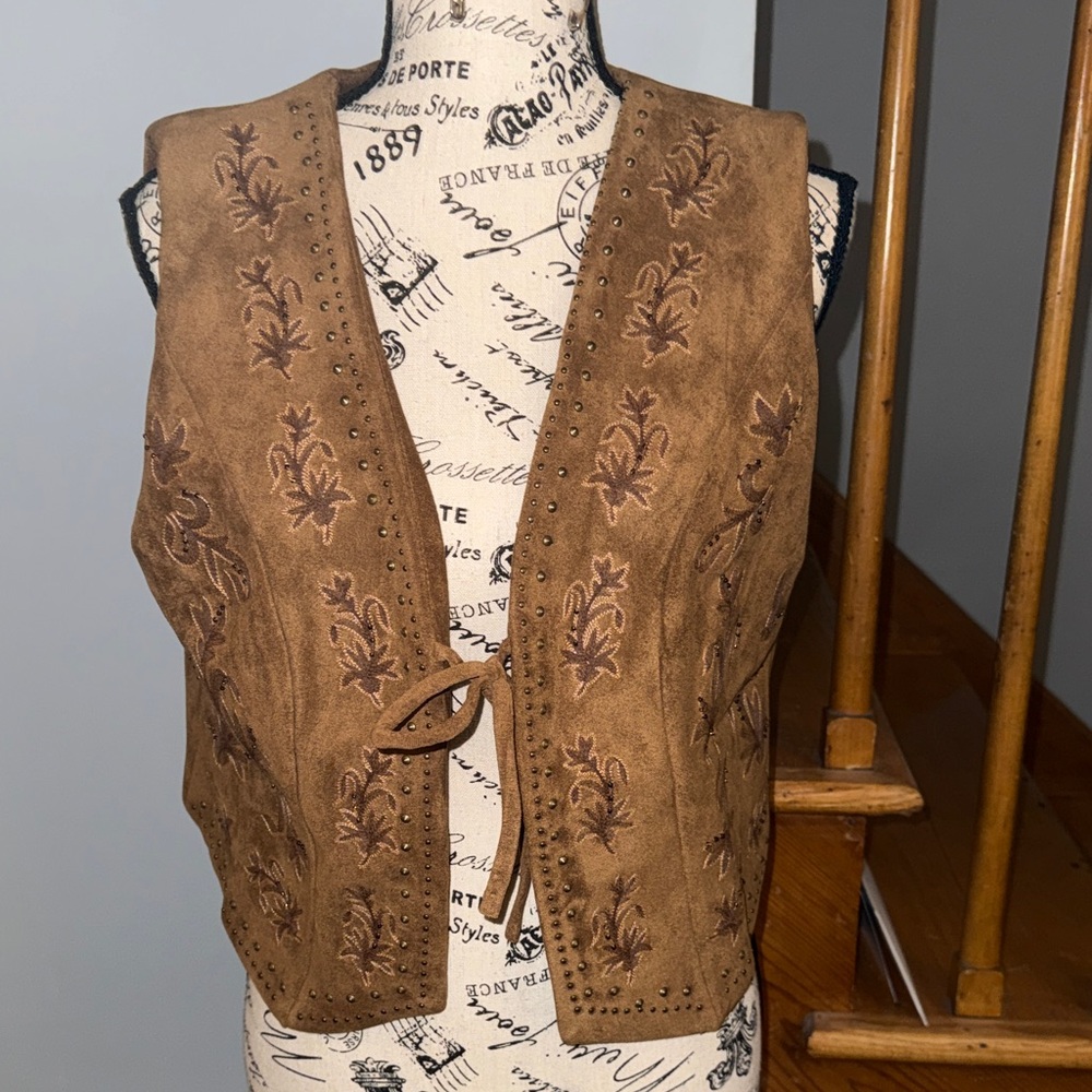 Embroidered Brown Faux Suede Vest